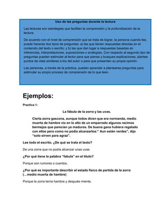 Uso de las preguntas durante la lectura
Las lecturas son estrategias que facilitan la comprensión y la profundización de la
lectura.
De acuerdo con el nivel de comprensión que se trata de lograr, la persona cuando lee,
puede hacerse dos tipos de preguntas: a) las que tienen respuestas directas en el
contenido del texto o escrito; y b) las que dan lugar a respuestas basadas en
inferencias, interpretaciones, suposiciones o analogías. Con respecto al segundo tipo de
preguntas pueden estimular al lector para que piense y busques explicaciones, plantee
puntos de vista similares a los del autor o para que presenten su propia opinión.
Las personas, a través de la práctica, pueden aprender a plantearse preguntas para
estimular su propio proceso de comprensión de lo que leen.

Ejemplos:
Practica 1:

La fábula de la zorra y las uvas.
Cierta zorra gascona, aunque todos dicen que era normanda, medio
muerta de hambre vio en lo alto de un emparrado algunos racimos
bermejos que parecían ya maduros. De buena gana hubiera regalado
con ellos pero como no podía alcanzarlos:” Aun están verdes”, dijo
“solo sirven para agraz”.
Lee todo el escrito. ¿De qué se trata el texto?
De una zorra que no podía alcanzar unas uvas
¿Por qué tiene la palabra “fabula” en el titulo?
Porque son rumores o cuentos.
¿Por qué es importante describir el estado físico de partida de la zorra
(…medio muerta de hambre)
Porque la zorra tenía hambre y después miente.

 