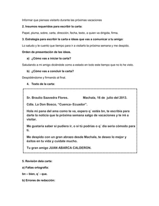 Informar que piensas visitarlo durante las próximas vacaciones
2. Insumos requeridos para escribir la carta:
Papel, pluma, sobre, carta, dirección, fecha, texto, a quien va dirigida, firma.
3. Estrategia para escribir la carta e ideas que vas a comunicar a tu amigo:
Lo saludo y le cuento que tiempo para ir a visitarlo la próxima semana y me despido.
Orden de presentación de las ideas.
a) ¿Cómo vas a iniciar la carta?
Saludando a mi amigo diciéndole como a estado en todo este tiempo que no lo he visto.
b) ¿Cómo vas a concluir la carta?
Despidiéndome y firmando al final.
4. Texto de la carta:

Sr. Braulio Saavedra Flores.

Machala, 16 de julio del 2013.

Cdla. La Don Bosco, “Cuenca- Ecuador”.
Hola mi pana del ama como te va, espero q´ estés bn, te escribía para
darte la noticia que la próxima semana salgo de vacaciones y te iré a
visitar.
Me gustaría saber si pudiera ir, o si tú podrías o q´ día seria cómodo para
ti.
Me despido con un gran abrazo desde Machala, te deseo lo mejor y
éxitos en tu vida y cuídate mucho.
Tu gran amigo JUAN ABARCA CALDERON.

5. Revisión dela carta:
a) Faltas ortografía:
bn – bien, q´ - que.
b) Errores de redacción:

 