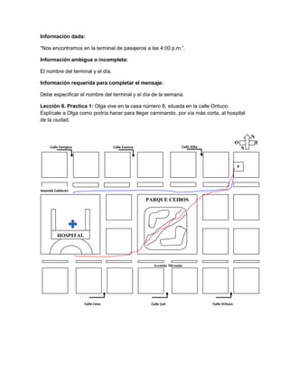 Información dada:
“Nos encontramos en la terminal de pasajeros a las 4:00 p.m.”.
Información ambigua o incompleta:
El nombre del terminal y el día.
Información requerida para completar el mensaje:
Debe especificar el nombre del terminal y el día de la semana.
Lección 6. Practica 1: Olga vive en la casa número 8, situada en la calle Orituco.
Explícale a Olga como podría hacer para llegar caminando, por vía más corta, al hospital
de la ciudad.
N
Calle Tampico

Calle Viña

Calle Cuenca

S

8

Avenida Calderón

PARQUE CEIBOS

HOSPITAL

Avenida Miranda

Calle Lima

Calle Cali

E

O

Calle Orituco

 