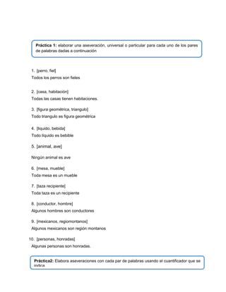 Práctica 1: elaborar una aseveración, universal o particular para cada uno de los pares
de palabras dadas a continuación

1. [perro, fiel]
Todos los perros son fieles

2. [casa, habitación]
Todas las casas tienen habitaciones.
3. [figura geométrica, triangulo]
Todo triangulo es figura geométrica
4. [liquido, bebida]
Todo líquido es bebible

5. [animal, ave]
Ningún animal es ave
6. [mesa, mueble]
Toda mesa es un mueble
7. [taza recipiente]
Toda taza es un recipiente
8. [conductor, hombre]
Algunos hombres son conductores
9. [mexicanos, regiomontanos]
Algunos mexicanos son región montanos
10. [personas, honradas]
Algunas personas son honradas.

Práctica2: Elabora aseveraciones con cada par de palabras usando el cuantificador que se
indica.

 