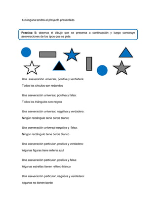 b) Ninguna tendrá el proyecto presentado

Practica 5: observa el dibujo que se presenta a continuación y luego construye
aseveraciones de los tipos que se pide.

Una aseveración universal, positiva y verdadera:
Todos los círculos son redondos
Una aseveración universal, positiva y falsa:
Todos los triángulos son negros
Una aseveración universal, negativa y verdadera:
Ningún rectángulo tiene borde blanco
Una aseveración universal negativa y falsa:
Ningún rectángulo tiene borde blanco
Una aseveración particular, positiva y verdadera:
Algunas figuras tiene relleno azul
Una aseveración particular, positiva y falsa:
Algunas estrellas tienen relleno blanco
Una aseveración particular, negativa y verdadera:
Algunos no tienen borde

 