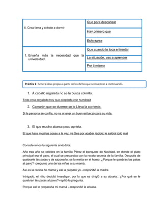 Que para descansar
6. Crea fama y échate a dormir.

Hay primero que
Esforzarse
Que cuando te toca enfrentar
1. Enseña más la necesidad que la
La situación, vas a aprender
universidad.
Por ti mismo

1. A caballo regalado no se le busca colmillo.
Toda cosa regalada hay que aceptarla con humildad

2. Camarón que se duerme se lo Lleva la corriente.
Si la persona se confía, no va a tener un buen esfuerzo para su vida.

3. El que mucho abarca poco aprieta.
El que hace muchas cosas a la vez, ya Sea por acabar rápido; le saldrá todo mal

Consideremos la siguiente anécdota:
Año tras año se celebra en la familia Pérez el banquete de Navidad, en donde el plato
principal era el pavo, el cual se preparaba con la receta secreta de la familia. Después de
quebrarle las patas y de sazonarlo, se lo metía en el horno: ¿Porque le quiebras las patas
al pavo? -pregunto uno de los niños a su mamá.
Así es la receta de mamá y así la preparo yo –respondió la madre.
Intrigado, el niño decidió investigar, por lo que se dirigió a su abuela:. ¿Por qué se le
quiebran las patas al pavo?-repitió la pregunta.
Porque así lo preparaba mi mamá – respondió la abuela.

 