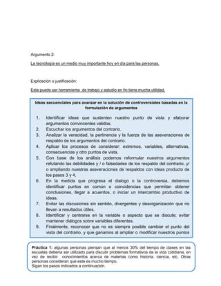 Argumento 2:
La tecnología es un medio muy importante hoy en día para las personas.

Explicación o justificación:
Esta puede ser herramienta de trabajo y estudio en fin tiene mucha utilidad.
Ideas secuenciales para avanzar en la solución de controversiales basadas en la
formulación de argumentos

1.

2.
3.
4.
5.

6.

7.
8.
9.

Identificar ideas que sustenten nuestro punto de vista y elaborar
argumentos convincentes validos.
Escuchar los argumentos del contrario.
Analizar la veracidad, la pertinencia y la fuerza de las aseveraciones de
respaldo de los argumentos del contrario.
Aplicar los procesos de considerar: extremos, variables, alternativas,
consecuencias y otro puntos de vista.
Con base de los análisis podemos reformular nuestros argumentos
refutando las debilidades y / o falsedades de los respaldo del contrario, y/
o ampliando nuestras aseveraciones de respaldos con ideas producto de
los pasos 3 y 4.
En la medida que progresa el dialogo o la controversia, debemos
identificar puntos en común o coincidencias que permitan obtener
conclusiones, llegar a acuerdos, o iniciar un intercambio productivo de
ideas.
Evitar las discusiones sin sentido, divergentes y desorganización que no
llevan a resultados útiles.
Identificar y centrarse en la variable o aspecto que se discute; evitar
mantener diálogos sobre variables diferentes.
Finalmente, reconocer que no es siempre posible cambiar el punto del
vista del contrario, y que ganamos al ampliar o modificar nuestros puntos
de vista con las justificaciones razonables y validas planteadas durante el

Práctica 1: algunas personas piensan que al menos 30% del tiempo de clases en las
escuelas debería ser utilizado para discutir problemas formativos de la vida cotidiana, en
vez de recibir conocimientos acerca de materias como historia, ciencia, etc. Otras
personas consideran que este es mucho tiempo.
Sigan los pasos indicados a continuación.

 