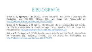 BIBLIOGRAFÍA
Ulrich, K. T., Eppinger, S. D. (2013). Diseño Industrial. En Diseño y Desarrollo de
Productos. (pp. 207-228). México, D.F.: Mc Graw Hill. Recuperado de
http://bibliotecavirtual.unad.edu.co:2053/?il=281
Ulrich, K. T., Eppinger, S. D. (2013). Identificación de las necesidades del cliente.
En: Diseño y Desarrollo de Productos. (pp. 73-91). México, D.F.: Mc Graw Hill.
Recuperado de http://bibliotecavirtual.unad.edu.co:2053/?il=281
Ulrich, K. T., Eppinger, S. D. (2013). Diseño para la manufactura. En: Diseño y Desarrollo
de Productos. (pp. 251-283). México, D.F.: Mc Graw Hill. Recuperado de
http://bibliotecavirtual.unad.edu.co:2053/?il=281
 