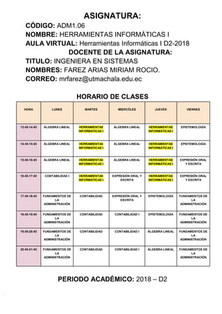 ASIGNATURA:
CÓDIGO: ADM1.06
NOMBRE: HERRAMIENTAS INFORMÁTICAS I
AULA VIRTUAL: Herramientas Informáticas I D2-2018
DOCENTE DE LA ASIGNATURA:
TITULO: INGENIERA EN SISTEMAS
NOMBRES: FAREZ ARIAS MIRIAM ROCIO.
CORREO: mrfarez@utmachala.edu.ec
HORARIO DE CLASES
HORA LUNES MARTES MIERCÓLES JUEVES VIERNES
13:45-14:45 ÁLGEBRA LINEAL HERRAMIENTAS
INFORMÁTICAS I
ÁLGEBRA LINEAL HERRAMIENTAS
INFORMÁTICAS I
EPISTEMOLOGÍA
14:45-15:45 ÁLGEBRA LINEAL HERRAMIENTAS
INFORMÁTICAS I
ÁLGEBRA LINEAL HERRAMIENTAS
INFORMÁTICAS I
EPISTEMOLOGÍA
15:45-16:45 ÁLGEBRA LINEAL HERRAMIENTAS
INFORMÁTICAS I
ÁLGEBRA LINEAL HERRAMIENTAS
INFORMÁTICAS I
EXPRESIÓN ORAL
Y ESCRITA
16:45-17:45 CONTABILIDAD I HERRAMIENTAS
INFORMÁTICAS I
EXPRESIÓN ORAL Y
ESCRITA
HERRAMIENTAS
INFORMÁTICAS I
EXPRESIÓN ORAL
Y ESCRITA
17:45-18:45 FUNDAMENTOS DE
LA
ADMINISTRACIÓN
CONTABILIDAD EXPRESIÓN ORAL Y
ESCRITA
EPISTEMOLOGÍA FUNDAMENTOS DE
LA
ADMINISTRACIÓN
18:45-19:45 FUNDAMENTOS DE
LA
ADMINISTRACIÓN
CONTABILIDAD CONTABILIDAD I EPISTEMOLOGÍA FUNDAMENTOS DE
LA
ADMINISTRACIÓN
19:45-20:45 FUNDAMENTOS DE
LA
ADMINISTRACIÓN
CONTABILIDAD CONTABILIDAD I ÁLGEBRA LINEAL FUNDAMENTOS DE
LA
ADMINISTRACIÓN
20:45-21:45 FUNDAMENTOS DE
LA
ADMINISTRACIÓN
CONTABILIDAD CONTABILIDAD I ÁLGEBRA LINEAL FUNDAMENTOS DE
LA
ADMINISTRACIÓN
PERIODO ACADÉMICO: 2018 – D2
 