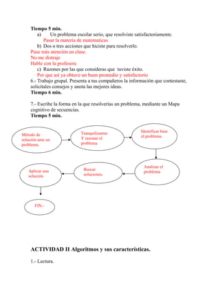 Tiempo 5 min.
a) Un problema escolar serio, que resolviste satisfactoriamente.
Pasar la materia de matematicas
b) Dos o tres acciones que hiciste para resolverlo.
Puse más atención en clase.
No me distraje
Hable con la profesora
c) Razones por las que consideras que tuviste éxito.
Por que así ya obtuve un buen promedio y satisfactorio
6.- Trabajo grupal. Presenta a tus compañeros la información que contestaste,
solicítales consejos y anota las mejores ideas.
Tiempo 6 min.
7.- Escribe la forma en la que resolverías un problema, mediante un Mapa
cognitivo de secuencias.
Tiempo 5 min.
ACTIVIDAD II Algoritmos y sus características.
1.- Lectura.
Método de
solución ante un
problema.
Tranquilizarme
Y razonar el
problema
Identificar bien
el problema
Analizar el
problema
Buscar
soluciones.
Aplicar una
solución.
FIN.-
 
