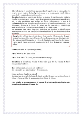 Estado:Conjunto de características que describen integralmente un objeto, situación
oevento en un instante dado; al primer estado se lo conoce como inicial, alúltimo
como final, y a los demás como intermedios.
Operador:Conjunto de acciones que definen un proceso de transformación mediante
elcual se genera un nuevo estado a partir de uno existente; casa problema puedetener
uno o más operadores que actúan en forma independiente y uno a la
vez.Restricción:Es una limitación, condicionamiento o impedimento existentes en el
sistemaque determina la forma de actuar de los operadores, estableciendo
lascaracterísticas de estos para generar el paso de un estado a otro.
Una estrategia para tratar situaciones dinámicas que consiste en identificarunas
secuencias de acciones que transforman el estado inicial o de partida enel estado final
o deseado.
Ejemplos: Un cuidador de animales de un circo necesita 4 litros exactos deagua
para darle una medicina a un elefante enfermo. Se da cuenta que sólodispone de
dos tobos, uno de 3 litros y otro de 5 litros. Si el cuidador va al ríocon los dos tobos,
¿cómo puede hacer para medir exactamente los 4 litros deagua con esos dos
tobos?
Sistema: río, tobos de 5 y 3 litros y cuidador.
Estado inicial: los dos tobos vacíos.
Estado final: el tobo de 5 litros, conteniendo 4 litros de agua.
Operadores: 3 operadores; llenado de tobo con agua del río, vaciado de toboy
transvasado entre tobos.
Qué restricciones tenemos en este problema?
Una restricción, que la cantidad de 4 litros sea exacta.
¿Cómo podemos describir el estado?
Usando un par ordenado (X, Y), donde X es la cantidad de agua que contieneel todo de
5 litros e Y es la cantidad de agua que contiene el todo de 3 litros.
¿Qué estados se generan después de ejecutar la primera acción con losdiferentes
operadores después que él llega al río?

 