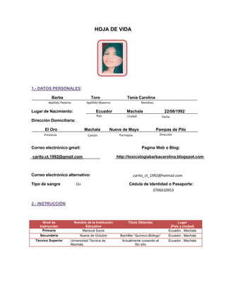 HOJA DE VIDA
1.- DATOS PERSONALES:
Barba Toro Tania Carolina
Lugar de Nacimiento: Ecuador Machala 22/08/1992
Dirección Domiciliaria:
El Oro Machala Nueve de Mayo Pampas de Pilo
Correo electrónico gmail: Pagina Web o Blog:
carito.ct.1992@gmail.com http://toxicologiabarbacarolina.blogspot.com
Correo electrónico alternativo:
Tipo de sangre Cédula de Identidad o Pasaporte:
2.- INSTRUCCIÓN
Nivel de
Instrucción
Nombre de la Institución
Educativa
Título Obtenido Lugar
(País y ciudad)
Primaria Mariscal Sucre Ecuador , Machala
Secundaria Nueve de Octubre Bachiller “Químico-Biólogo” Ecuador , Machala
Técnico Superior Universidad Técnica de
Machala
Actualmente cursando el
5to año
Ecuador , Machala
NombresApellido MaternoApellido Paterno
CiudadPaís
ParroquiaCantónProvincia Dirección
Fecha
carito_ct_1992@hotmail.com
O+
0706610953
 