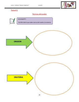 CEA “JORGE TRIGO ANDIA” CLIZA
22
Tema # 5
Técnicas del orador
ActividadN°1
-Escribe todoloque saber acerca del oradory la oratoria.
ORADOR
ORATORIA
 