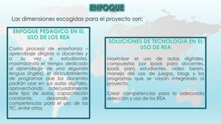 Como proceso de enseñanza –
aprendizaje dirigido a docentes y
a su vez a estudiantes,
maximizando el tiempo dedicado
al aprendizaje de una segunda
lengua (inglés), el descubrimiento
de programas que los docentes
podrán usar en sus aulas digitales,
aprovechando adecuadamente
este tipo de aulas, capacitación
constante, desarrollo de
competencias para el uso de las
TIC, entre otros.
Maximizar el uso de aulas digitales,
compuestas por Ipads para docentes,
Ipads para estudiantes, video beam,
manejo del uso de juegos, blogs y los
programas que se vayan integrando al
proyecto.
Crear competencias para la adecuada
selección y uso de los REA.
 