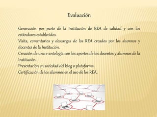 Evaluación 
Generación por parte de la Institución de REA de calidad y con los 
estándares establecidos. 
Visita, comentarios y descargas de los REA creados por los alumnos y 
docentes de la Institución. 
Creación de una e-antología con los aportes de los docentes y alumnos de la 
Institución. 
Presentación en sociedad del blog o plataforma. 
Certificación de los alumnos en el uso de los REA. 
 