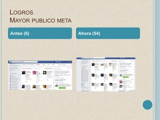 LOGROS 
MAYOR PUBLICO META 
Antes (6) Ahora (54) 
 
