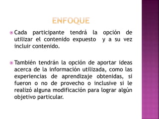  Cada participante tendrá la opción de 
utilizar el contenido expuesto y a su vez 
incluir contenido. 
 También tendrán la opción de aportar ideas 
acerca de la información utilizada, como las 
experiencias de aprendizaje obtenidas, si 
fueron o no de provecho o inclusive si le 
realizó alguna modificación para lograr algún 
objetivo particular. 
 
