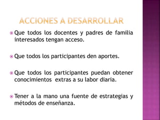  Que todos los docentes y padres de familia 
interesados tengan acceso. 
 Que todos los participantes den aportes. 
 Que todos los participantes puedan obtener 
conocimientos extras a su labor diaria. 
 Tener a la mano una fuente de estrategias y 
métodos de enseñanza. 
 