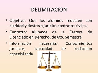DELIMITACION 
• Objetivo: Que los alumnos redacten con 
claridad y destreza jurídica contratos civiles. 
• Contexto: Alumnos de la Carrera de 
Licenciado en Derecho, de 6to. Semestre 
• Información necesaria: Conocimientos 
jurídicos, capacidad de redacción 
especializada 
 