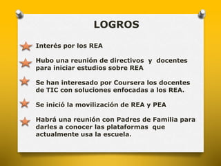 LOGROS 
Interés por los REA 
Hubo una reunión de directivos y docentes 
para iniciar estudios sobre REA 
Se han interesado por Coursera los docentes 
de TIC con soluciones enfocadas a los REA. 
Se inició la movilización de REA y PEA 
Habrá una reunión con Padres de Familia para 
darles a conocer las plataformas que 
actualmente usa la escuela. 
 