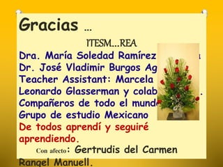 Gracias … 
ITESM…REA 
Dra. María Soledad Ramírez Montoya 
Dr. José Vladimir Burgos Aguilar. 
Teacher Assistant: Marcela Avitia, 
Leonardo Glasserman y colaboradores. 
Compañeros de todo el mundo. 
Grupo de estudio Mexicano 
De todos aprendí y seguiré 
aprendiendo. 
Con afecto: Gertrudis del Carmen 
Rangel Manuell. 
