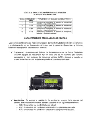 CARACTERÍSTICAS TÉCNICAS DE LOS EQUIPOS

 Los equipos del Sistema de Radiocomunicación de Banda Ciudadana deberán operar única
y exclusivamente en las frecuencias atribuidas por la presente Resolución, y deberán
satisfacer las siguientes características técnicas:

    Frecuencia: Los equipos del Sistema de Radiocomunicación de Banda Ciudadana
     utilizarán equipos de frecuencias fijas en cada uno de los cuarenta (40) canales
     autorizados o con oscilador de frecuencia variable (VFO), siempre y cuando se
     sintonicen las frecuencias estipuladas para los 40 canales autorizados.




    Modulación: Se autoriza la modulación de amplitud en equipos de la estación del
     Sistema de Radiocomunicación de Banda Ciudadana en las siguientes emisiones:
        o A3E: Un canal de voz con Doble banda lateral.
        o H3E: Un canal de voz con Banda lateral única con portadora completa.
        o R3E: Un canal de voz con Banda lateral única con portadora reducida.
 