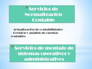 * Servicios de
        Normalización
          Contable
- Actualización de contabilidades
- Revisión y análisis de cuentas
contables



* Servicios de montaje de
    sistemas operativos y
       administrativos
 
