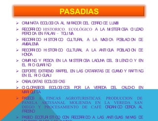 PASADIAS
 CAMI NATA ECOLOGI CA AL MI RADOR DEL CERRO DE LUMBI
 RECORRI DO HISTORICO, ECOLÓGICO A LA MI STERI OSA CI UDAD
PERDI DA EN FALAN – TOLI MA
 RECORRI DO HI STORI CO, CULTURAL A LA MAGI CA POBLACI ON DE
AMBALEMA
 RECORRI DO HI STORI CO, CULTURAL A LA ANTI GUA POBLACI ON DE
HONDA
 CAMPI NG Y PESCA EN LA MI STERI OSA LAGUNA DEL SI LENCI O Y EN
EL RI O GUARI NO
 DEPORTE EXTREMO, RAPPEL EN LAS CATARATAS DE CUAMO Y RAFTI NG
EN EL RI O GUALI
 CABALGATAS ECOLOGI CAS
 CI CLOPASEOS ECOLOGI COS POR LA VEREDA DEL CAUCHO EN
MARI QUI TA
 PASEOS A FINCAS AGROTURISTICAS, PRODUCCION DE
PANELA ARTESANAL MOLIENDA EN LA VEREDA SAN
DIEGO Y PROCESAMIENTO DE CAFÉ ORGANI CO CERCA AL
FRESNO
 PASEO ECOTURI STI CO CON RECORRI DO A LAS ANTI GUAS MI NAS DE
 