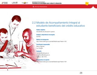 2. APOYOS FINANCIEROS
Portafolio de estrategias para reducir la deserción
Viceministerio de Educación Superior
2.2 Modelo de Acompañamiento Integral al
estudiante beneficiario del crédito educativo
Público objetivo:
Estudiantes de educación superior
Entidad y dependencia encargada:
ICETEX
Medios de divulgación:
http://www.icetex.gov.co/portal/Default.aspx?tabid=1491
Funcionario responsable:
Nancy Ramírez
Luz Carreño
Contacto:
nramirez@icetex.gov.co
luzcarreno@icetex.gov.co
Teléfono: 382 1670
Documentos de soporte:
http://www.icetex.gov.co/portal/Default.aspx?tabid=1491
26
Pt.3Pt.2Pt.1Intro
 