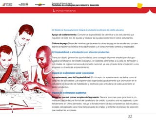 Portafolio de estrategias para reducir la deserción
Viceministerio de Educación Superior
2.2 Modelo de Acompañamiento Integral al estudiante beneficiario del crédito educativo
2. APOYOS FINANCIEROS
32
Apoyo al sostenimiento: Comprende la posibilidad de identificar a los estudiantes que
requieran de este tipo de ayudas y focalizar las ayudas existentes en estos estudiantes.
Cultura de pago: Desarrollar iniciativas que fomenten la cultura de pago en los estudiantes, concien-
tizando la importancia del inicio en la vida financiera y un comportamiento correcto y responsable.
4) Empleabilidad o articulación con el sector productivo
Tiene por objeto generar las oportunidades para conseguir el primer empleo para los gra-
duados beneficiarios del crédito educativo, en sectores pertinentes a su área de formación y
con niveles de ingreso cercanos al promedio nacional, ya sea a través de la vinculación a una
empresa o a través del emprendimiento.
Impacto en la dimensión social y vocacional:
Aprestamiento para la Empleabilidad: El concepto de aprestamiento se define como el
conjunto de actividades y de experiencias organizadas gradualmente que promueven en el
estudiante el desarrollo de habilidades y destrezas para articularse de adecuadamente al
sector productivo.
Impacto en la dimensión académica:
Acciones para el primer empleo del egresado: Generar acciones para garantizar la pri-
mera vinculación laboral formal del beneficiario de crédito educativo una vez egresado o pre-
feriblemente en último semestre. Incluye el fortalecimiento de las competencias individuales y
sociales del egresado para iniciar la búsqueda de empleo y enfrentar el proceso de selección
que realizan las empresas.
Pt.3Pt.2Pt.1Intro
 