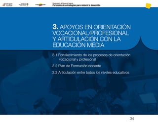 3. APOYOS EN ORIENTACIÓN
VOCACIONAL/PROFESIONAL
Y ARTICULACIÓN CON LA
EDUCACIÓN MEDIA
Portafolio de estrategias para reducir la deserción
Viceministerio de Educación Superior
3.1 Fortalecimiento de los procesos de orientación
vocacional y profesional
3.2 Plan de Formación docente
3.3 Articulación entre todos los niveles educativos
34
Pt.3Pt.2Pt.1Intro
 