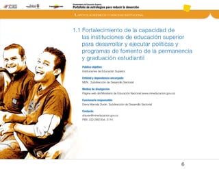 1. APOYOS ACADÉMICOS Y CAPACIDAD INSTITUCIONAL
Portafolio de estrategias para reducir la deserción
Viceministerio de Educación Superior
1.1 Fortalecimiento de la capacidad de
las instituciones de educación superior
para desarrollar y ejecutar políticas y
programas de fomento de la permanencia
y graduación estudiantil
Público objetivo:
Instituciones de Educación Superior.
Entidad y dependencia encargada:
MEN. Subdirección de Desarrollo Sectorial
Medios de divulgación:
Página web del Ministerio de Educación Nacional (www.mineducacion.gov.co)
Funcionario responsable:
Diana Marcela Durán, Subdirección de Desarrollo Sectorial
Contacto:
dduran@mineducacion.gov.co
PBX: 222 2800 Ext. 3114.
6
Pt.3Pt.2Pt.1Intro
 
