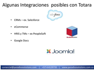 Algunas Integraciones posibles con Totara
• CRMs – ex. Salesforce

• eCommerse
• HRIS y TMs – ex PeopleSoft
• Google Docs
...
