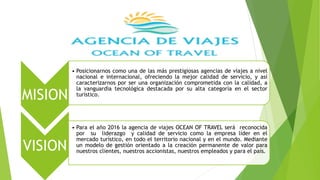 MISION
• Posicionarnos como una de las más prestigiosas agencias de viajes a nivel
nacional e internacional, ofreciendo la mejor calidad de servicio, y así
caracterizarnos por ser una organización comprometida con la calidad, a
la vanguardia tecnológica destacada por su alta categoría en el sector
turístico.
VISION
• Para el año 2016 la agencia de viajes OCEAN OF TRAVEL será reconocida
por su liderazgo y calidad de servicio como la empresa líder en el
mercado turístico, en todo el territorio nacional y en el mundo. Mediante
un modelo de gestión orientado a la creación permanente de valor para
nuestros clientes, nuestros accionistas, nuestros empleados y para el país.
 