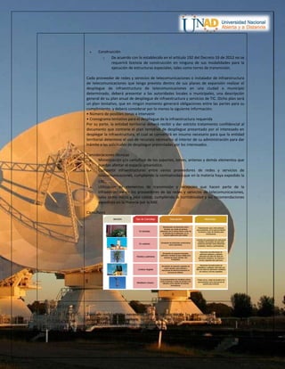  Construcción
o De acuerdo con lo establecido en el artículo 192 del Decreto 19 de 2012 no se
requerirá licencia de construcción en ninguna de sus modalidades para la
ejecución de estructuras especiales, tales como torres de transmisión.
Cada proveedor de redes y servicios de telecomunicaciones o instalador de infraestructura
de telecomunicaciones que tenga previsto dentro de sus planes de expansión realizar el
despliegue de infraestructura de telecomunicaciones en una ciudad o municipio
determinado, deberá presentar a las autoridades locales o municipales, una descripción
general de su plan anual de despliegue de infraestructura y servicios de TIC. Dicho plan será
un plan tentativo, que en ningún momento generará obligaciones entre las partes para su
cumplimiento, y deberá considerar por lo menos la siguiente información:
• Número de posibles zonas a intervenir
• Cronograma tentativo para el despliegue de la infraestructura requerida
Por su parte, la entidad territorial deberá recibir y dar estricto tratamiento confidencial al
documento que contiene el plan tentativo de despliegue presentado por el interesado en
desplegar la infraestructura, el cual se convertirá en insumo necesario para que la entidad
territorial determine el uso de recursos necesarios al interior de su administración para dar
trámite a las solicitudes de despliegue presentadas por los interesados.
Consideraciones técnicas
 Mimetización y/o camuflaje de los soportes, torres, antenas y demás elementos que
puedan afectar el espacio urbanístico.
 Compartir infraestructuras entre varios proveedores de redes y servicios de
telecomunicaciones, cumpliendo la normatividad que en la materia haya expedido la
CRC.
 Utilización de elementos de transmisión y recepción que hacen parte de la
infraestructura de los proveedores de las redes y servicios de telecomunicaciones,
tales como micro y pico celdas, cumpliendo la normatividad y las recomendaciones
expedidas en la materia por la ANE.
Camuflajes
Ubicación e
instalación de
estaciones
radioeléctricas
Tipos de instalaciones necesarias para la instalación de las estaciones radioeléctricas y el
despliegue de infraestructura, se debe tener en cuenta que es importante que todas las
instalaciones deberán cumplir con la normatividad en la materia expedida por la ANE.
 Estructura de radioenlaces y antenas en general; están conformadas por torres
 
