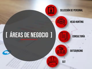 Selección de personal
[ áreas de negocio ]
outsourcing
Head hunting
sst
Consultoría
 
