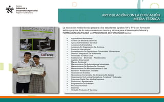 • Agroindustria Alimentaria
• Análisis De Muestras Químicas
• Apoyo Administrativo En Salud
• Asistencia Administrativa
• Asistencia En Organización De Archivos
• Comercio Internacional
• Contabilización De Operaciones Comerciales Y Financieras
• Diseño E Integracion De Multimedia
• Informador Turistico Local
• Instalaciones Electricas Residenciales
• Logística Empresarial
• Manejo Ambiental
• Mantenimiento De Automatismos Industriales
• Mantenimiento De Equipos De Cómputo.
• Mantenimiento De Motores Gasolina Y Gas
• Nomina Y Prestaciones Sociales
• Operación De Eventos
• Operaciones Comerciales En Almacenes De Cadena
• Organización De Eventos Recreativos, Turisticos Y Culturales
• Preprensa Digital Para Medios Impresos
• Produccion Agropecuaria
• Programacion De Software
• Recursos Humanos
• Sistemas
• Venta De Productos Y Servicios
ARTICULACIÓN CON LA EDUCACIÓN
MEDIA TÉCNICA
La educación media técnica prepara a los estudiantes (grados 10º y 11º) con formación
teórico práctica de lo más avanzado en ciencia y técnica para el desempeño laboral y
FORMACIÓN CALIFICADA en PROGRAMAS DE FORMACION como:
 