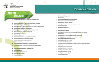 áreas de
formación
FORMACIÓN TITULADA
 Formación Titulada (Técnicos y tecnólogos)
 Técnico contabilización de operaciones comerciales y ﬁnancieras
 Técnico cosmetología y estética integral.
 Técnico desarrollo de operaciones logística en la cadena de abastecimiento
 Técnico diseño e integración de multimedia
 Técnico gestión comercial y telemercadeo en contact center
 Técnico instalaciones eléctricas residenciales
 Técnico logística empresarial
 Técnico manejo ambiental
 Técnico mantenimiento de automatismos industriales
 Técnico mantenimiento de equipos de cómputo.
 Técnico mantenimiento de las motocicletas
 Técnico mesa y bar
 Técnico operaciones comerciales en almacenes de cadena
 Técnico organización de eventos recreativos, turísticos y culturales
 Técnico paniﬁcación
 Técnico patronaje industrial de prendas de vestir
 Técnico peluquería.
 Técnico producción agropecuaria
 Técnico recursos humanos
 Técnico salud publica
 Técnico seguridad ocupacional
 Técnico sistemas
 Técnico soldadura de productos metálicos (platina)
 Técnico trazo y corte en confección industrial
 Técnico venta de productos y servicios
 Tecnólogo análisis y desarrollo de sistemas de información
 Tecnólogo animación 3d
 Tecnólogo animación digital
 Tecnólogo automatización industrial
 Tecnólogo dirección de ventas
 Tecnólogo diseño de elementos mecánicos para su fabricación con máquinas
herramientas cnc
 Tecnólogo diseño e integración de automatismos mecatrónicos
 Tecnólogo gestión administrativa
 Tecnólogo gestión de la propiedad horizontal
 Tecnólogo gestión de redes de datos
 Tecnólogo gestión del talento humano
 Tecnólogo mantenimiento de equipos de cómputo, diseño e instalación de cableado
estructurado
 Tecnólogo negociación internacional
 Tecnólogo producción de multimedia
 Tecnólogo química aplicada a la industria
 Tecnólogo contabilidad y ﬁnanzas
 Tecnólogo entrenamiento deportivo
 Tecnólogo gestión logística
 
