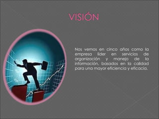 Nos vemos en cinco años como la empresa líder en servicios de organización y manejo de la información, basados en la calidad para una mayor eficiencia y eficacia. 