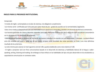 Comprende: 5 niveles de Inglés  contemplados en el plan de electivas  de obligatorio cumplimiento  Los mismos serán  certificados por la Escuela para optar titulo de pre – grado de acuerdo con la normatividad y legislación.  Estos cinco niveles se desarrollarán con una intensidad horaria de 6 horas semanales y tendrán una duración de 96 horas semestrales.  Los horarios generales de clases y docentes asignados para cada nivel serán establecidos por la dirección de la escuela en concordancia con la decanatura y los directores de programa. Cada estudiante realizará su proceso de inscripción de manera individual de acuerdo con sus necesidades e intereses,  se desarrollaran ocho (8) unidades por nivel y  cada uno de los niveles arrojara como resultado dos notas parciales, un final y una nota definitiva resultado de las anteriores. La nota mínima para avanzar al nivel siguiente será de 3.00 y queda establecido como nota máxima el 5.00. El inglés a proyectar será con fines comunicativos basado en el desarrollo de destrezas y habilidades básicas de la lengua a saber: speaking, writing, listening and reading. Sin embargo se hace énfasis en las habilidades de tipo oral para desarrollar en los estudiantes su capacidad de comunicación en contextos reales. INGLES PARA EL PREGRADO INSTITUCIONAL 