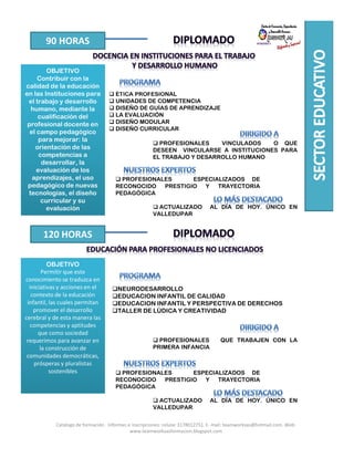 90 HORAS
OBJETIVO
Contribuir con la
calidad de la educación
en las Instituciones para
el trabajo y desarrollo
humano, mediante la
cualificación del
profesional docente en
el campo pedagógico
para mejorar: la
orientación de las
competencias a
desarrollar, la
evaluación de los
aprendizajes, el uso
pedagógico de nuevas
tecnologías, el diseño
curricular y su
evaluación
ÉTICA PROFESIONAL
UNIDADES DE COMPETENCIA
DISEÑO DE GUÍAS DE APRENDIZAJE
LA EVALUACIÓN
DISEÑO MODULAR
DISEÑO CURRICULAR
PROFESIONALES VINCULADOS O QUE
DESEEN VINCULARSE A INSTITUCIONES PARA
EL TRABAJO Y DESARROLLO HUMANO
PROFESIONALES ESPECIALIZADOS DE
RECONOCIDO PRESTIGIO Y TRAYECTORIA
PEDAGÓGICA
ACTUALIZADO AL DÍA DE HOY. ÚNICO EN
VALLEDUPAR
120 HORAS
OBJETIVO
Permitir que este
conocimiento se traduzca en
iniciativas y acciones en el
contexto de la educación
infantil, las cuales permitan
promover el desarrollo
cerebral y de esta manera las
competencias y aptitudes
que como sociedad
requerimos para avanzar en
la construcción de
comunidades democráticas,
prósperas y pluralistas
sostenibles
PROFESIONALES QUE TRABAJEN CON LA
PRIMERA INFANCIA
PROFESIONALES ESPECIALIZADOS DE
RECONOCIDO PRESTIGIO Y TRAYECTORIA
PEDAGÓGICA
ACTUALIZADO AL DÍA DE HOY. ÚNICO EN
VALLEDUPAR
NEURODESARROLLO
EDUCACION INFANTIL DE CALIDAD
EDUCACION INFANTIL Y PERSPECTIVA DE DERECHOS
TALLER DE LÚDICA Y CREATIVIDAD
Catálogo de formación . Informes e inscripciones: celular 3178012751. E- mail: teamworksas@hotmail.com. Web:
www.teamworksasformacion.blogspot.com
 