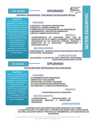120 HORAS
OBJETIVO
Formar profesionales con
habilidades y actitudes, para
liderar y laborar con éxito un
sistema de Educación Virtual,
como directivos, maestros,
administradores de grupos y
de programas, de tal manera
que sus iniciativas estén
fundamentadas en la crítica
social incentivando la
creatividad para iniciar
procesos de Educación
Virtual en la toma de
decisiones, con base en un
aprendizaje previo en el área
de conocimiento.
DOCENCIA Y PEDAGOGÍA UNIVERSITARIA
DIDÁCTICA Y DISEÑO CURRICULAR
COMPETENCIAS Y EVALUACIÓN DE LOS APRENDIZAJES
HERRAMIENTAS Y OBJETOS DE APRENDIZAJE
MEDIOS Y COMUNICACIÓN VIRTUAL
PROFESIONALES DE CUALQUIER ÁREA, QUE SE
DESENVUELVAN EN EL ÁMBITO ACADÉMICO Y QUE DESEEN
PROFUNDIZAR EN LOS ASPECTOS TEÓRICOS, TÉCNICOS Y
OPERATIVOS DE LA EDUCACIÓN UNIVERSITARIA Y
PEDAGOGÍA VIRTUAL
PROFESIONALES ESPECIALIZADOS DE RECONOCIDO PRESTIGIO
Y TRAYECTORIA PEDAGÓGICA
ACTUALIZADO AL DÍA DE HOY. CON EJERCICIOS Y ACTIVIDADES
PRÁCTICAS GUIADAS POR EL TUTOR
90 HORAS
OBJETIVO
Brindar a los profesionales
no licenciados formación en
los saberes básicos de la
pedagogía y las ciencias de la
educación, proyectando su
formación a hacia la
consolidación de procesos de
autoformación, articulados a
procesos de investigación
que permitan constituirse
en investigador de su
práctica y en constructor de
la teoría pedagógica.
PROFESIONALES NO LICENCIADOS.
PROFESIONALES ESPECIALIZADOS DE
RECONOCIDO PRESTIGIO Y TRAYECTORIA
PEDAGÓGICA
LA METODOLOGÍA SERÁ ORIENTADA DESDE PRINCIPIOS TALES COMO:
LA PARTICIPACIÓN Y LA FLEXIBILIDAD, LA INTERACCIÓN RESPETUOSA Y NEGOCIACIÓN
CULTURAL; RELACIÓN TEÓRICA Y PRÁCTICA DE FUNDAMENTOS, LA PLURALIDAD EN LOS
CONTENIDOS
FUNDAMENTACIÓN PEDAGÓGICA
DIDÁCTICA Y EVALUACIÓN
EDUCACIÓN, CULTURA Y SOCIEDAD
LA EVALUACIÓN DELOS APRENDIZAJES
EL MAESTRO Y LA PRÁCTICA PEDAGÓGICA
Catálogo de formación . Informes e inscripciones: celular 3178012751. E- mail: teamworksas@hotmail.com. Web:
www.teamworksasformacion.blogspot.com
 