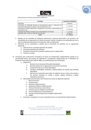 2011


                                               PORTAFOLIO DE SERVICIOS
     Adicionalmente el tiempo aproximado de auditoria es:

                                                ACTIVIDAD                                                          DURACIÓN APROXIMADA
     APERTURA                                                                                                            15 Minutos
     AUDITORIA DE ESCRITORIO (Revisión de documentación soporte y elaboración del
                                                                                                                        4 – 5 Hora(s)
     material de apoyo (listas de chequeo, matriz de calificaciones, etc.)
     AUDITORIA DE CAMPO (dependiendo complejidad de los procesos y disponibilidad para
                                                                                                                        8 -12 Hora(s)
     entrevistas in situ)
     INFORME PRELIMINAR Y REUNION CON LOS RESPONSABLES DE PROCESO                                                       1 – 2 Hora(s)
     INFORME FINAL Y CIERRE DEL PROCESO DE AUDITORIA                                                                     45 Minutos
                                             TOTAL                                                                      14 – 20 Horas


2.   Basados en los resultados de auditorías preliminares, revisiones gerenciales y de acuerdo a las
     necesidades de la organización y/o el(los) proceso(s), diseñar el programa de auditoría(s) por año y
     plan de auditoría(s) específico de revisión para cada una (Opcional).
3.   Definición de las necesidades y perfiles para la formación de auditores de su organización
     (opcional).
         a. Sobre historia y conceptos generales de calidad.
         b. Conceptos específicos de auditoria.
         c. Evaluación de perfil de los posibles auditores para la organización.
         d. Practica en campo.

Consultoría para Instituciones Prestadoras de Salud y/o Profesionales Independientes basado en la
normatividad dentro del proceso de habilitación y acreditación reglamentado por el Ministerio de
Protección Social (Resolución 1043 de 2006 y sus modificatorios) que contemplan:
         a. Diagnostico
                    i.   Revisión de los Servicio(s) Ofrecido(s) Aplicable(s)
                   ii.   Nivel de madurez de la organización y brecha de crecimiento.
                  iii.   Cumplimiento de las norma(s) aplicable(s).
                  iv.    Fortalezas, Debilidades, Amenazas y Oportunidades de acuerdo la(s) norma(s)
                         aplicable(s).
                   v.    Opciones de crecimiento para lograr los objetivos de las normas, de acuerdo a
                         los servicios ofrecidos en cuanto a acceso, calidad, eficiencia y demás
                         indicadores necesarios.
         b. Necesidades documentales y de infraestructura para los siguientes aspectos:
                    i. Recurso Humano
                   ii. Infraestructura
                  iii. Dotación y Mantenimiento
                  iv. Dispositivos Médicos y Medicamentos
                   v. Procesos Prioritarios y Guías Clínicas
                  vi. Historias Clínicas y Registros Asistenciales
                 vii. Procesos Referencia y Contrareferencia
                viii. Procesos de Salud Ocupacional y Riesgos Profesionales
                  ix. PAMEC
         c. Propuesta, cronograma y recursos esperados para la correspondiente implementación.




                                              CARLOS EDUARDO CORDOBA MARTINEZ
                         Ingeniero Industrial – Especialista en Gerencia de Calidad - Auditor Interno de Calidad
                              UNIVERSIDAD AUTONOMA DE COLOMBIA – UNIVERSIDAD AMERICA




               Cualquier inquietud o sugerencia comuníquese al correo electrónico consultor.soporte.calidad@gmail.com
 