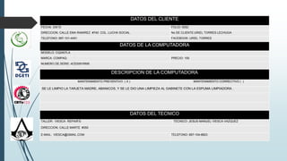 DATOS DEL CLIENTE
FECHA: 3/9/15 FOLIO: 0002
DIRECCION: CALLE EMA RAMIREZ #740 COL. LUCHA SOCIAL No DE CLIENTE:URIEL TORRES LECHUGA
TELEFONO: 897-101-4451 FACEBOOK: URIEL TORRES
DATOS DE LA COMPUTADORA
MODELO: CQ2407LA
MARCA: COMPAQ PRECIO: 100
NUMERO DE SERIE: 4CE0091RM9
DESCRIPCION DE LA COMPUTADORA
MANTENIMIENTO PREVENTIVO ( X ) MANTENIMIENTO CORRECTIVO ( )
SE LE LIMPIO LA TARJETA MADRE, ABANICOS, Y SE LE DIO UNA LIMPIEZA AL GABINETE CON LA ESPUMA LIMPIADORA .
DATOS DEL TECNICO
TALLER: VIESCA REPAIR’S TECNICO: JESUS MANUEL VIESCA VAZQUEZ
DIRECCION: CALLE MARTE #350
E-MAIL: VIESCA@GMAIL.COM TELEFONO: 897-104-8823
.
 