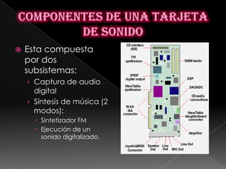    Esta compuesta
    por dos
    subsistemas:
    › Captura de audio
      digital
    › Síntesis de música (2
      modos):
       Sintetizador FM
       Ejecución de un
        sonido digitalizado.
 