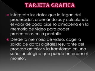  Interpreta los datos que le llegan del
  procesador, ordenándolos y calculando
  el valor de cada píxel lo almacena en la
  memoria de video para poder
  presentarlos en la pantalla.
 Desde la memoria de video, coge la
  salida de datos digitales resultante del
  proceso anterior y la transforma en una
  señal analógica que pueda entender el
  monitor.
 