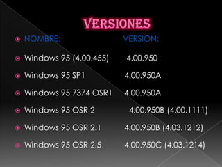    NOMBRE:                 VERSION:

   Windows 95 (4.00.455)   4.00.950

   Windows 95 SP1          4.00.950A

   Windows 95 7374 OSR1    4.00.950A

   Windows 95 OSR 2         4.00.950B (4.00.1111)

   Windows 95 OSR 2.1      4.00.950B (4.03.1212)

   Windows 95 OSR 2.5      4.00.950C (4.03.1214)
 