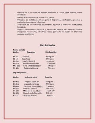 • Planificación y Desarrollo de talleres, seminarios y cursos sobre diversos temas
educativos.
• Manejo de instrumentos de evaluación y control.
• Utilización de métodos científicos, para el diagnostico, planificación, ejecución, y
evaluación de problemas educativos.
• Adquisición de conocimientos en planificar, organizar y administrar Instituciones
Educativas.
• Adquirir conocimientos científicos y habilidades técnicas para detectar y tratar
situaciones vocacionales, educativas y socio personales de sujetos en diferentes
edades y condiciones.
Plan de Estudios
Primer periodo
Código Asignatura U.V. Requisito
FF-101 Filosofía 4 Ninguno
SC-101 Sociología 4 Ninguno
EG-011 Español General. 4 Ninguno
HH-101 Historia de Honduras 4 Ninguno
MM-100 Intro. Estadística Social 4 Ninguno
PA-101 Pedagogía General 4 Ninguno
Segundo periodo
Código Asignatura U.V. Requisito
Electiva Campo de las CC.NN. 3Ninguno
Electiva Lenguas Extranjeras. 4 Ninguno
Electiva Campo de Humanidades. 3 Ninguno
PA-102 Didáctica General. 5 PA-101
PA-103 Métodos de inv. Educ. I. 4 MM-100
PA-104 Filosofía de la Educación. 3 FF-101
PS-101 Psicología General 5 Ninguno
 