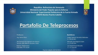 Republica Bolivariana de Venezuela
Ministerio del Poder Popular para la Defensa
Universidad Nacional Experimental Politécnica de la Fuerza Armada
UNEFA Núcleo-Puerto Cabello
Portafolio De Teleprocesos
Profesora: Bachilleres:
Ing. Yelmin Pérez Leoger Valentín Servelión Meléndez
C.I. 28.565.061
8vo Semestre de Ingeniería de Sistema
Sección: 08S-2608-D1 Periodo:2-2021
Marcello José Noguera López
C.I. 27.307.014
Materia: Teleprocesos
COD-ASIG: TTC-31154
Luis David Pirona Marsella
C. I. 27.102.655
Puerto Cabello 20/10/2021
 