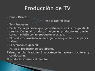    Cine – Director
                            Tiene el control total
  Tv – Productor
 En la Tv la persona que generalmente está a cargo de la
   producción es el productor. Algunas producciones pueden
   contar también con un productor asociado.
 El productor asociado se encarga de arreglar las citas para el
   talento.
 El personal en general.

 Asiste al productor en sus labores.

Talento es clasificado en 3 subcategorías: actores, locutores y
   conductores.
El productor contrata al director.
 
