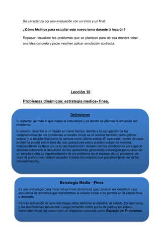 Se caracteriza por una evaluación con un inicio y un final.
¿Cómo hicimos para estudiar este nuevo tema durante la lección?
Repasar, visualizar los problemas que se plantean para de esa manera tener
una idea concreta y poder resolver aplicar simulación abstracta.

Lección 10
Problemas dinámicos: estrategia medios- fines.

Definiciones
El sistema: es todo lo que rodea la naturaleza y es donde se plantea la situación del
problema.
El estado: describe a un objeto en cierto tiempo debido a la agrupación de las
características de los problemas al estado inicial se lo conoce también como primer
estado y al estado final como lo conoce como último estado.El operador: dentro de cada
problema puede existir más de dos operadores estos pueden actuar de manera
independiente es decir uno a la vez.Restricción: existen ciertas condiciones para que el
sistema determine la actuación de los operadores generando estrategias para pasar de
un estado a otro.La representación de un problema es el espacio de un problema, es
decir el grafico nos permite acceder a todos los estados que podamos tener en dicha
representación.

Estrategia Medio - Fines
Es una estrategia para tratar situaciones dinámicas que consiste en identificar una
secuencia de acciones que transforman el estado inicial o de partida en el estado final
o deseado.
Para la aplicación de esta estrategia debe definirse el sistema, el estado, los operados,
y las restricciones existentes. Luego tomando como punto de partida un estado
dominado inicial, se construyen un diagrama conocido como Espacio del Problemas.

 