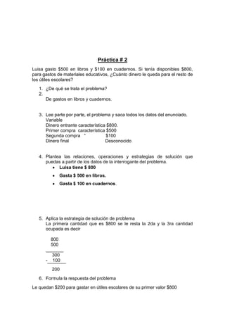 Práctica # 2
Luisa gasto $500 en libros y $100 en cuadernos. Si tenía disponibles $800,
para gastos de materiales educativos, ¿Cuánto dinero le queda para el resto de
los útiles escolares?
1. ¿De qué se trata el problema?
2.
De gastos en libros y cuadernos.

3. Lee parte por parte, el problema y saca todos los datos del enunciado.
Variable
Dinero entrante característica $800.
Primer compra característica $500
Segunda compra “
$100
Dinero final
Desconocido

4. Plantea las relaciones, operaciones y estrategias de solución que
puedas a partir de los datos de la interrogante del problema.
Luisa tiene $ 800
Gasta $ 500 en libros.
Gasta $ 100 en cuadernos.

5. Aplica la estrategia de solución de problema
La primera cantidad que es $800 se le resta la 2da y la 3ra cantidad
ocupada es decir
800
500
_______
300
- 100
200
6. Formula la respuesta del problema
Le quedan $200 para gastar en útiles escolares de su primer valor $800

 