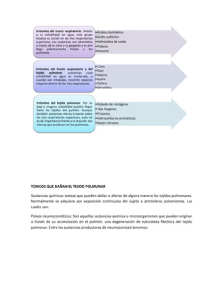 Irritantes del tracto respiratorio. Debido
a su solubilidad en agua, este grupo
localiza su acción en las vías respiratorias
superiores, Las sustancias son absorbidas
a través de la nariz y la garganta y el aire
llega prácticamente limpio a los
pulmones.

•Ácidos clorhídrico
•Ácido sulfúrico
•Hidróxidos de sodio
•Potasio
•Amonio

Irritantes del tracto respiratorio y del
tejido pulmonar. sustancias cuya
solubilidad en agua es moderada, y
cuando son inhaladas, recorren espacios
mayores dentro de las vías respiratorias.

• Cloro
•Flúor
•Haluros
•Azufre
•Fósforo
•Eter etílico.

Irritantes del tejido pulmonar. Por su
baja o ninguna solubilidad pueden llegar
hasta los tejidos del pulmón. Aunque
también presentan efecto irritante sobre
las vías respiratorias superiores, esto no
es de importancia frente a la reacción tan
intensa que producen en los pulmones.

•Dióxido de nitrógeno
• Gas fosgeno,
•El ozono,
•Hidrocarburos aromáticos
•Gases nitrosos

TOXICOS QUE DAÑAN EL TEJIDO POLMUNAR
Sustancias químicas toxicas que pueden dañar o alterar de alguna manera los tejidos pulmonares.
Normalmente se adquiere por exposición continuada del sujeto a atmósferas polvorientas. Las
cuales son:
Polvos neumoconióticos: Son aquellas sustancias química o microorganismos que pueden originar
a través de su acumulación en el pulmón, una degeneración de naturaleza fibrótica del tejido
pulmonar. Entre las sustancias productoras de neumoconiosis tenemos:

 
