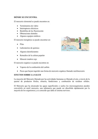 DÓNDE SE ENCUENTRA
El mercurio elemental se puede encontrar en:
 Termómetros de vidrio
 Interruptores eléctricos
 Bombillas de luz fluorescente
 Obturaciones dentales
 Algunos equipos médicos
El mercurio inorgánico se puede encontrar en:
 Pilas
 Laboratorios de química
 Algunos desinfectantes
 Remedios de la cultura popular
 Mineral cinabrio rojo
El mercurio orgánico se puede encontrar en:
 Vapores de la combustión del carbón
 Peces que hayan ingerido una forma de mercurio orgánico llamado metilmercurio
EFECTOS SOBRE LA SALUD
La mayoría del Mercurio liberado por las actividades humanas es liberado al aire, a través de la
quema de productos fósiles, minería, fundiciones y combustión de residuos sólidos.
El Mercurio que ha alcanzado las aguas superficiales o suelos los microorganismos pueden
convertirlo en metil mercurio, una substancia que puede ser absorbida rápidamente por la
mayoría de los organismos y es conocido que daña al sistema nervioso.
 